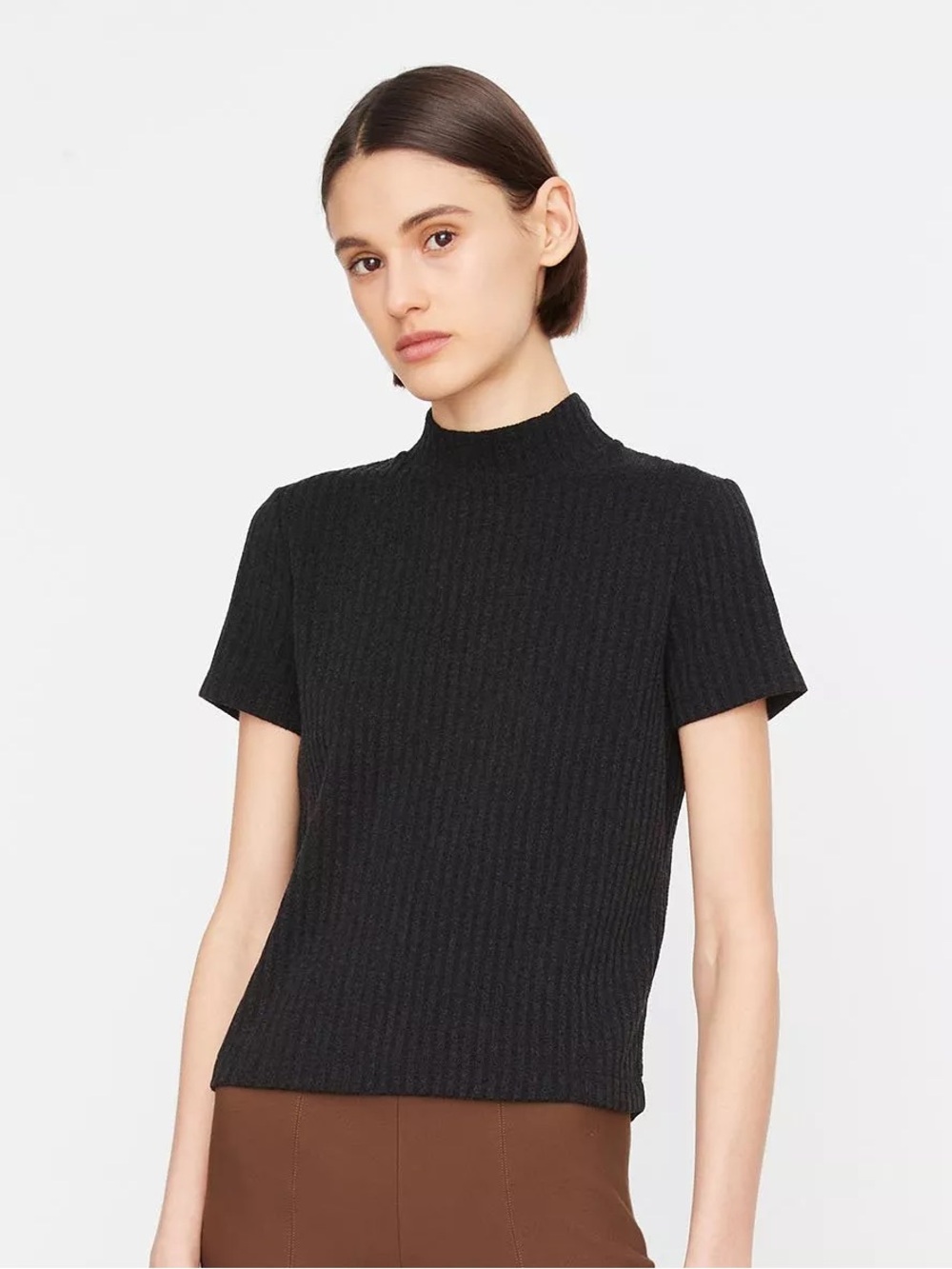 Vince Black Ribbed Mock-Neck Short-Sleeve Top